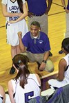 Always teaching, Faulkner used this timeout to focus his team on defense. Team members include daughters Madison and McCeeya, while his son, Mason, plays on the Colonels’ boys squad.