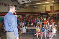 First-year Worthington Principal Kyle Russell had a packed house on the eve of his school’s 87th opening day. Parents and their kids in grades 4-6 had orientation in the students’ home rooms and then rotated so everyone met with each of the three teachers they will have on a daily basis.
