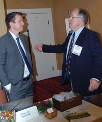 Conference attendees were able to spend time learning about school-related services with representatives of 18 education service vendors. KSBA President Allen Kennedy of Hancock County, right, chats with Jeremy Smith, head of Energy Solutions for CMTA, Inc. Consulting Engineers, one of the conference sponsors.  The weekend also included Kennedy’s final time chairing a KSBA Board of Directors meeting, as his term as president will conclude with February’s annual conference in Louisville.