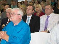 School board members and superintendents participated in all of the forums. Here Breathitt County board member Albert Little (front) and (left to right behind him) Lee County board member Curtis Davis, Lee County Schools Superintendent Jim Evans and Owsley County Superintendent Tim Bobrowski listen to a session-opening presentation by Pruitt and Associate Commissioner for Assessment and Accountability Rhonda Sims.