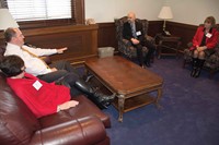 Speaker of the House Jeff Hoover (R-Jamestown, upper left) spent time with several district delegations, including Cumberland County Schools Superintendent Dr. Kirk Biggerstaff (center) and board members Faye Pharis and Donna Thurman (seated next to Hoover). The Cumberland County group also met with Sen. Max Wise (R-Campbellsville). Some attendees met with other state officials, including Gov. Matt Bevin.