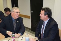 Talks about education issues began early on the morning of the event with breakfast discussions in the Capitol Annex cafeteria. This  one involved House Minority Whip Wilson Stone (D-Scottsville) and Simpson County Schools Superintendent Dr. Jim Flynn. Stone is a former Allen County board member and KSBA president and Simpson County is in his House district.