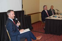 Not surprisingly, the clinic session focused on the 2017 legislative session – then at its halfway point – was lively, moderated by KSBA Governmental Relations Director Eric Kennedy (foreground), with panelists (left to right) House Education Committee Chairman John “Bam” Carney and his Senate counterpart, Mike Wilson.