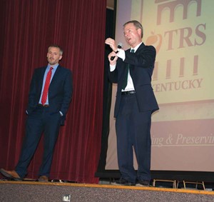 KSBA Governmental Relations Director Eric Kennedy listens while Beau Barnes, deputy executive secretary and general counsel of the Teachers’ Retirement System, answers a question posed from the audience at a Henderson County Schools-sponsored forum.