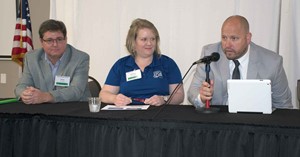 Chris Adkins (left), Britney Ragland and Scott Spalding spoke during the School Energy Summit last month about how they’ve lowered energy usage for their employers.