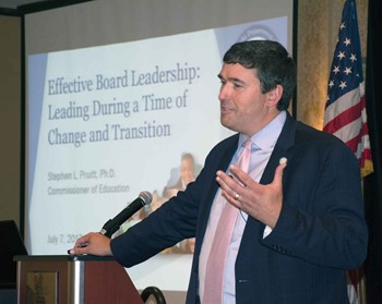 Kentucky Education Commissioner Dr. Stephen Pruitt discusses the state’s new accountability system during the opening session of KSBA’s Summer Leadership Institute in July.