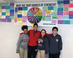 A few of the 50 Sources of Strength peer leaders at Butler Traditional High School pose with health teacher Mary Wurst last school year. (Photos courtesy of Butler Traditional High School)