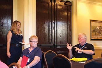 Larry Dodson (right), an Oldham County school board member and a member of KSBA’s board of directors, interacts with Shannon Robinson (left), KSBA’s training and conference coordinator during a Summer Leadership Institute clinic session.