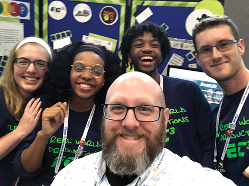 STLP coordinator Jeff Sebulsky takes a selfie with Hardin County Schools Early College and Career Center team, which won the STLP high school division state championship in 2018. 