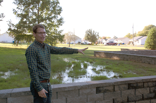 Even when it hasn’t rained for days, water pools around Simpson Elementary. Library Media Specialist Sam Northern is helping his students find a solution. Last year, the district installed a retaining wall to hold back the water. 