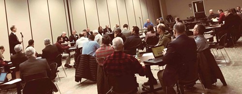 Warren County Superintendent Rob Clayton (standing at far left) addresses the large group gathered for the initial meeting of a regional school safety task force. (Photo courtesy of Shea Rogers, Green River Regional Educational Cooperative)
