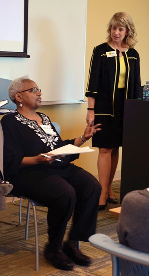 Facilitator and KSBA Executive Director Kerri Schelling listens as Shelby County school board member Brenda Jackson explains her district’s parent academy during the Parent Leadership Summit, sponsored by the Prichard Committee for Academic Excellence.