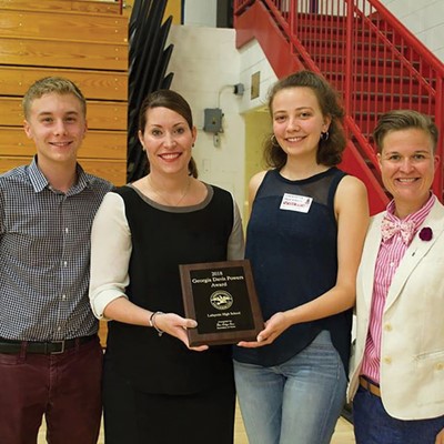 Kentucky Secretary of State Alison Lundergan Grimes recognized former Lafayette High School students Eli Dreyer and Gabriella Epley with the 2018 Georgia Davis Powers Award for registering to vote 100 percent of the eligible students at their school. 