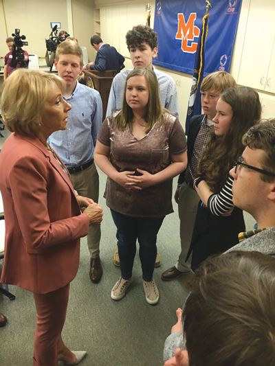 U.S. Education Secretary Betsy Devos meets with Marshall County High School students at the school while announcing a federal grant designed to help in the school’s recovery from the 2018 shooting. (Photo courtesy of U.S. Dept. of Education)