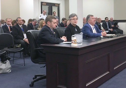Rep. Brandon Reed (R-Hodgenville), Boone Co. school board chair Karen Byrd, and former KSBA president Rep. Ed Massey (R-Hebron) explain to the House Local Government committee that the per diem for school board members has not changed in at least 20 years