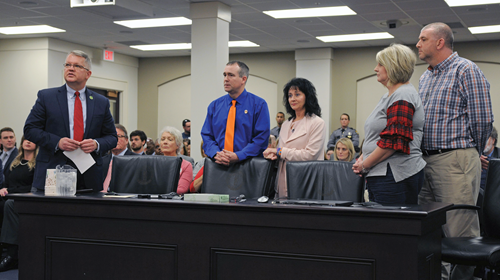 (left to right) Sen. Danny Carroll (R-Paducah) introduces Brian and Teresa Cope, and Secret and Jasen Holt at the Senate Education Committee. Both couples lost a child during the Marshall County High School shooting in 2018. (Photo courtesy of LRC)