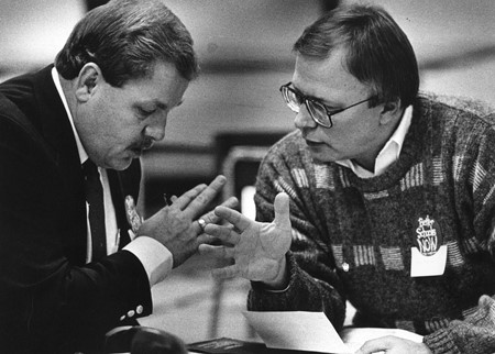 Michael King, superintendent Silver Grove Ind., and Ken Honchell, a Fort Thomas Ind. board of education member, at an education forum at Newport High School held in the wake of the Rose decision in November 1989.